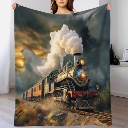 Train à vapeur Plaid en Polaire Imprimé 3D Couverture Douce Confortable pour Canapé Lit Bureau