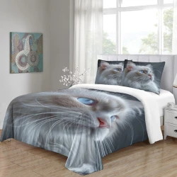 Cute Blue Eyed Chat Housse de Couette Imprimée 3D Douce 3 Pièces Literie Garçons Filles