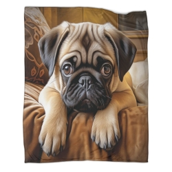 Pug Chien Plaid en Polaire Imprimé 3D Couverture Douce Confortable pour Canapé Lit Bureau