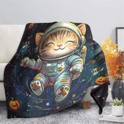 Space Chat Plaid en Polaire Imprimé 3D Couverture Douce Confortable pour Canapé Lit Bureau
