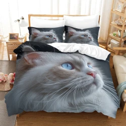 Cute Blue Eyed Chat Housse de Couette Imprimée 3D Douce 3 Pièces Literie Garçons Filles