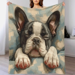 French Bouledogue Plaid en Polaire Imprimé 3D Couverture Douce Confortable pour Canapé Lit Bureau