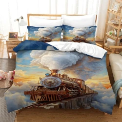 Train à vapeur Housse de Couette Imprimée 3D Douce 3 Pièces Literie Garçons Filles