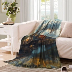 Train à vapeur Plaid en Polaire Imprimé 3D Couverture Douce Confortable pour Canapé Lit Bureau