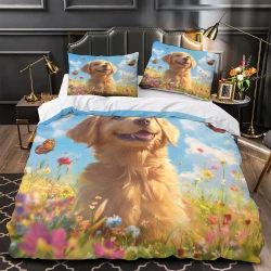 Golden Retriever Housse de Couette Imprimée 3D Douce 3 Pièces Literie Garçons Filles