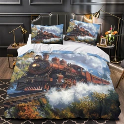 Train à vapeur Housse de Couette Imprimée 3D Douce 3 Pièces Literie Garçons Filles