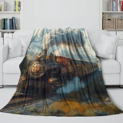 Train à vapeur Plaid en Polaire Imprimé 3D Couverture Douce Confortable pour Canapé Lit Bureau