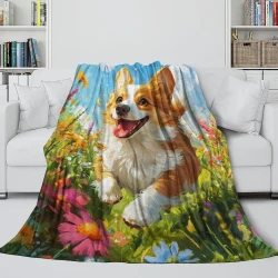 Corgi Plaid en Polaire Imprimé 3D Couverture Douce Confortable pour Canapé Lit Bureau