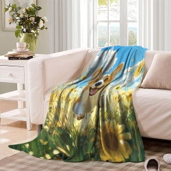Corgi Plaid en Polaire Imprimé 3D Couverture Douce Confortable pour Canapé Lit Bureau