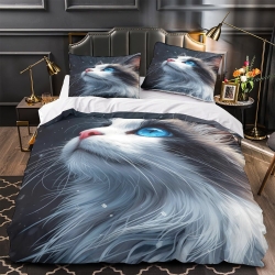Cute Blue Eyed Chat Housse de Couette Imprimée 3D Douce 3 Pièces Literie Garçons Filles