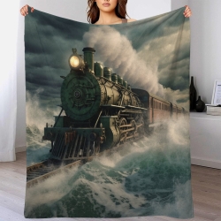 Train à vapeur Plaid en Polaire Imprimé 3D Couverture Douce Confortable pour Canapé Lit Bureau
