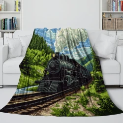 Train à vapeur Plaid en Polaire Imprimé 3D Couverture Douce Confortable pour Canapé Lit Bureau