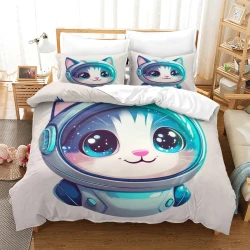 Space Chat Housse de Couette Imprimée 3D Douce 3 Pièces Literie Garçons Filles
