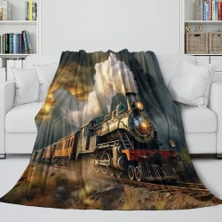 Train à vapeur Plaid en Polaire Imprimé 3D Couverture Douce Confortable pour Canapé Lit Bureau