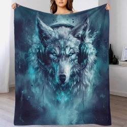Loup Plaid en Polaire Imprimé 3D Couverture Douce Confortable pour Canapé Lit Bureau