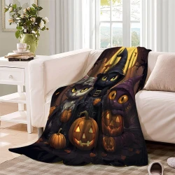 Halloween Chat Jack-o'-lantern Plaid en Polaire Imprimé 3D Couverture Douce Confortable pour Canapé Lit Bureau