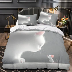 Cute Chat Housse de Couette Imprimée 3D Douce 3 Pièces Literie Garçons Filles