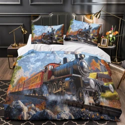 Train à vapeur Housse de Couette Imprimée 3D Douce 3 Pièces Literie Garçons Filles