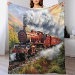Train à vapeur Plaid en Polaire Imprimé 3D Couverture Douce Confortable pour Canapé Lit Bureau