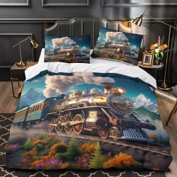 Train à vapeur Housse de Couette Imprimée 3D Douce 3 Pièces Literie Garçons Filles