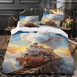 Train à vapeur Housse de Couette Imprimée 3D Douce 3 Pièces Literie Garçons Filles
