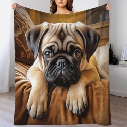 Pug Chien Plaid en Polaire Imprimé 3D Couverture Douce Confortable pour Canapé Lit Bureau