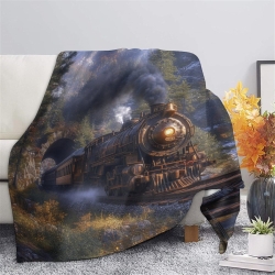 Train à vapeur Plaid en Polaire Imprimé 3D Couverture Douce Confortable pour Canapé Lit Bureau
