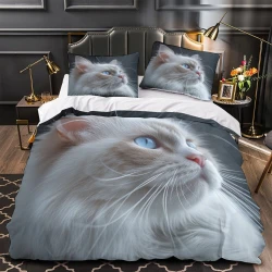 Cute Blue Eyed Chat Housse de Couette Imprimée 3D Douce 3 Pièces Literie Garçons Filles