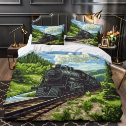Train à vapeur Housse de Couette Imprimée 3D Douce 3 Pièces Literie Garçons Filles