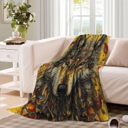 Loup Plaid en Polaire Imprimé 3D Couverture Douce Confortable pour Canapé Lit Bureau