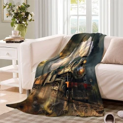 Train à vapeur Plaid en Polaire Imprimé 3D Couverture Douce Confortable pour Canapé Lit Bureau
